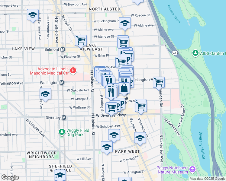 map of restaurants, bars, coffee shops, grocery stores, and more near 649 West Oakdale Avenue in Chicago