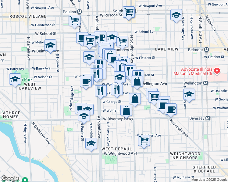 map of restaurants, bars, coffee shops, grocery stores, and more near 1500 West Oakdale Avenue in Chicago