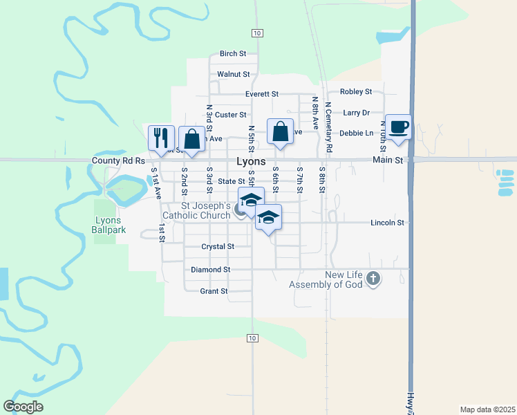 map of restaurants, bars, coffee shops, grocery stores, and more near 535 Pearl Street in Lyons