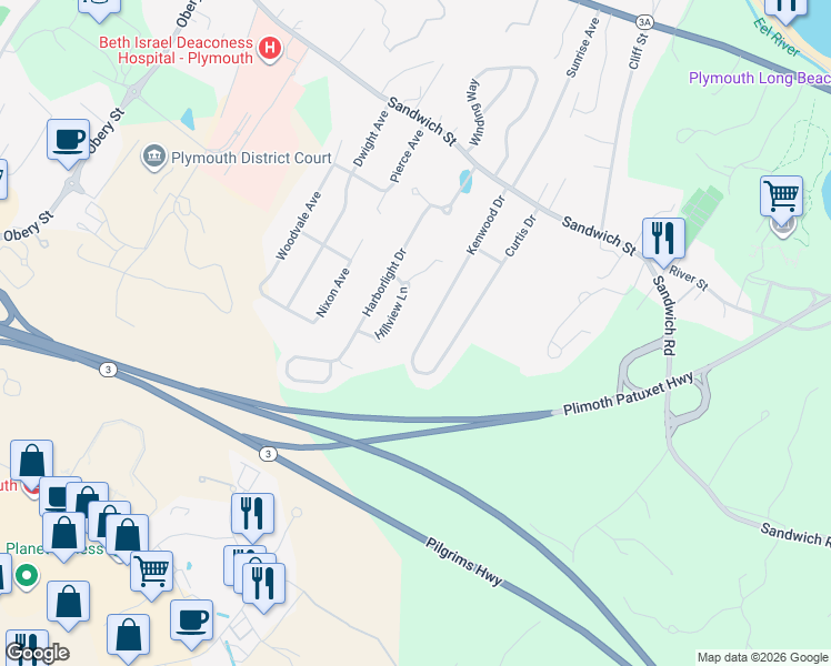 map of restaurants, bars, coffee shops, grocery stores, and more near 55 Kenwood Drive in Plymouth