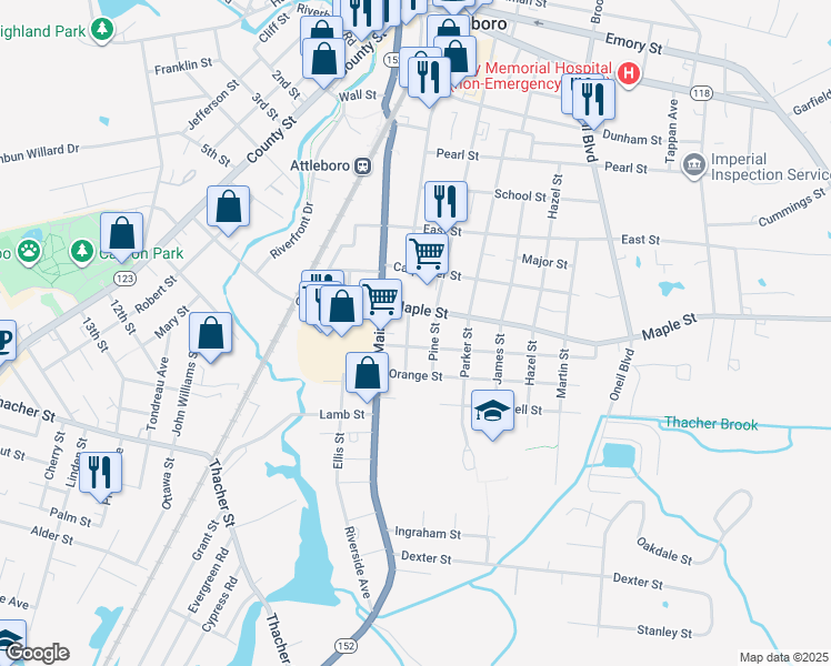 map of restaurants, bars, coffee shops, grocery stores, and more near 209 Pine Street in Attleboro