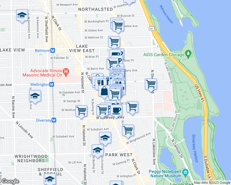 map of restaurants, bars, coffee shops, grocery stores, and more near in Chicago