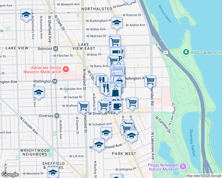 map of restaurants, bars, coffee shops, grocery stores, and more near 619 West Oakdale Avenue in Chicago