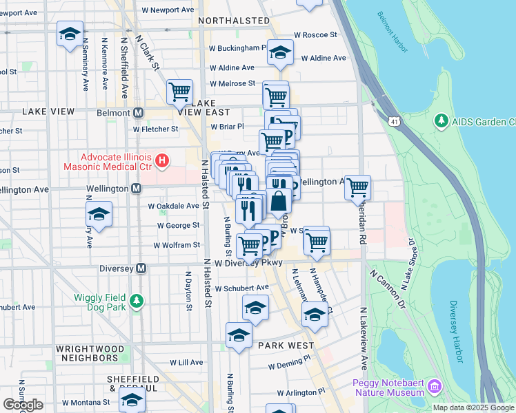 map of restaurants, bars, coffee shops, grocery stores, and more near 655 West Oakdale Avenue in Chicago