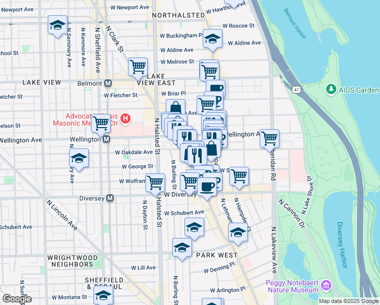 map of restaurants, bars, coffee shops, grocery stores, and more near 655 West Oakdale Avenue in Chicago