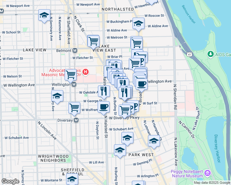 map of restaurants, bars, coffee shops, grocery stores, and more near 719 West Oakdale Avenue in Chicago