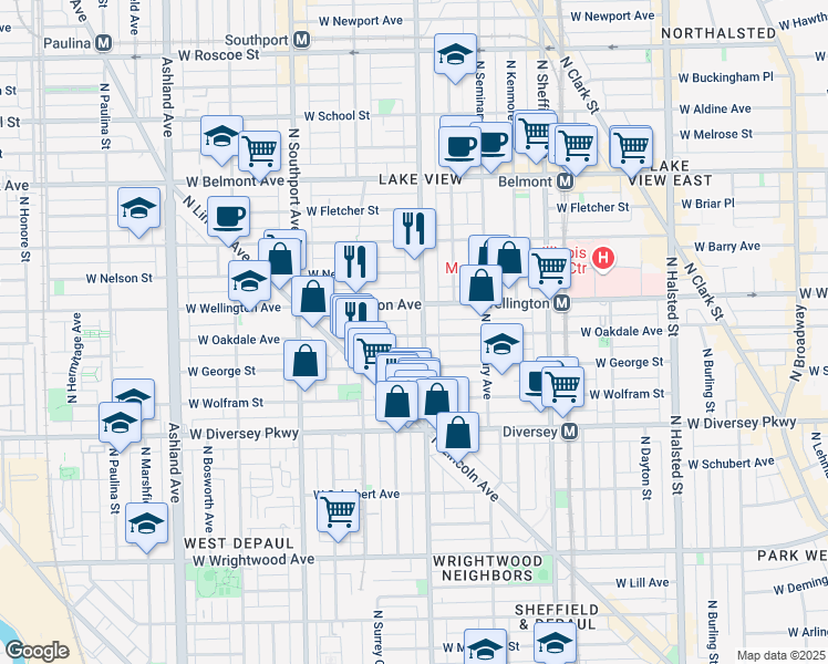 map of restaurants, bars, coffee shops, grocery stores, and more near 2939 North Racine Avenue in Chicago