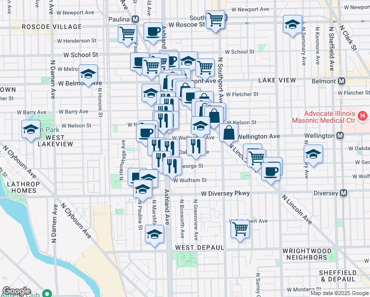 map of restaurants, bars, coffee shops, grocery stores, and more near 1534 West Oakdale Avenue in Chicago
