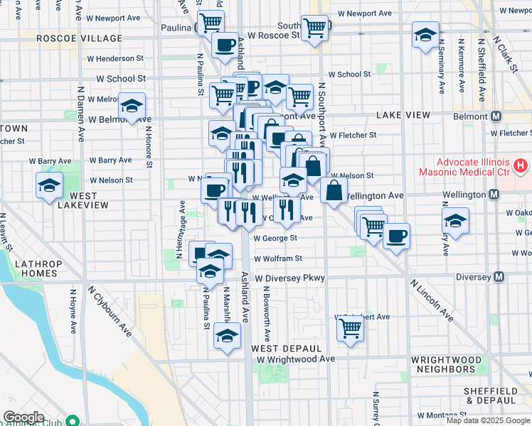 map of restaurants, bars, coffee shops, grocery stores, and more near 1534 West Oakdale Avenue in Chicago