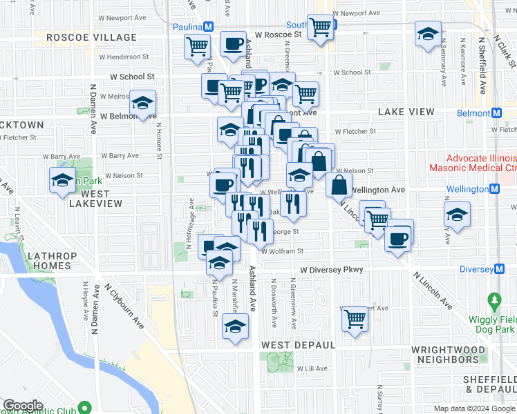 map of restaurants, bars, coffee shops, grocery stores, and more near 1534 West Oakdale Avenue in Chicago