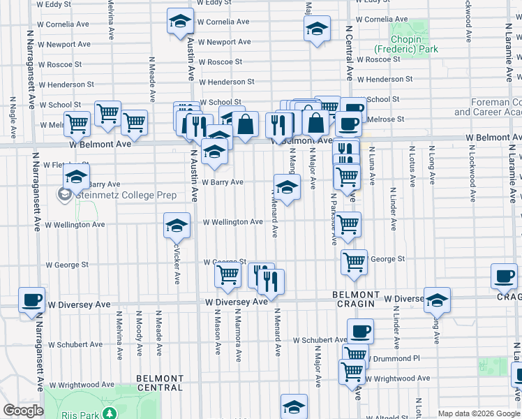 map of restaurants, bars, coffee shops, grocery stores, and more near 3021 North Monitor Avenue in Chicago