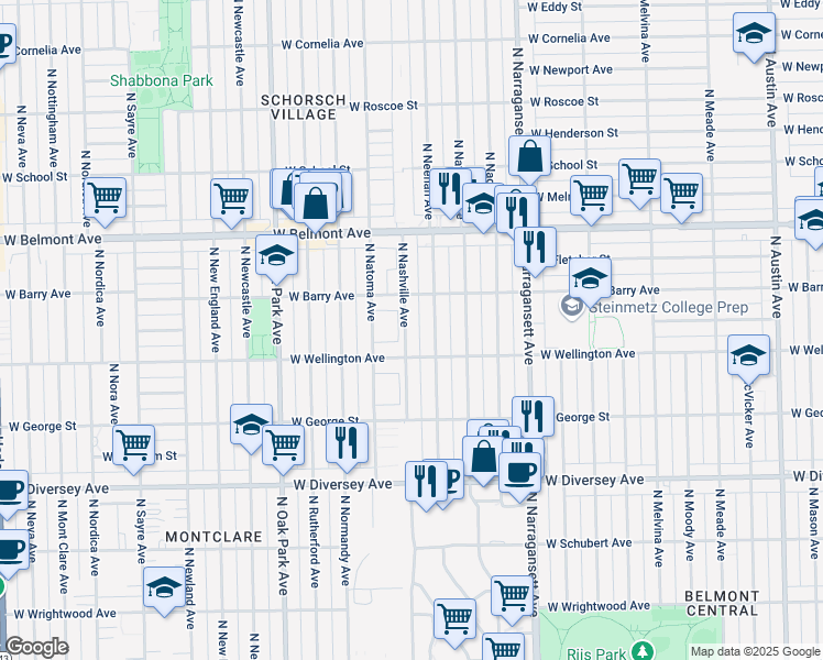 map of restaurants, bars, coffee shops, grocery stores, and more near 3029 North Nashville Avenue in Chicago