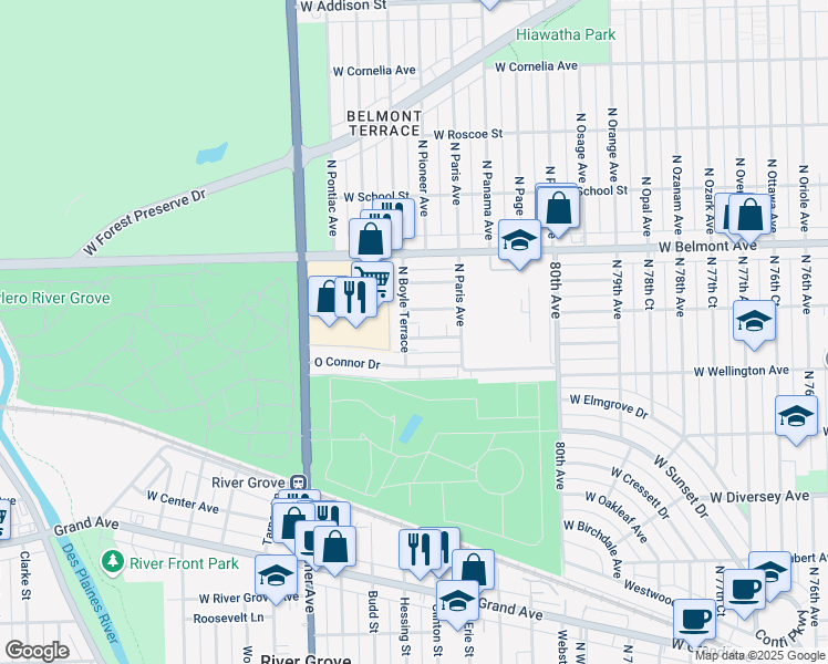 map of restaurants, bars, coffee shops, grocery stores, and more near 8204 West Walsh Lane in River Grove