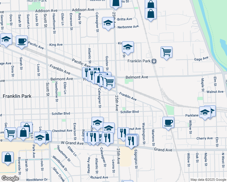 map of restaurants, bars, coffee shops, grocery stores, and more near in Franklin Park