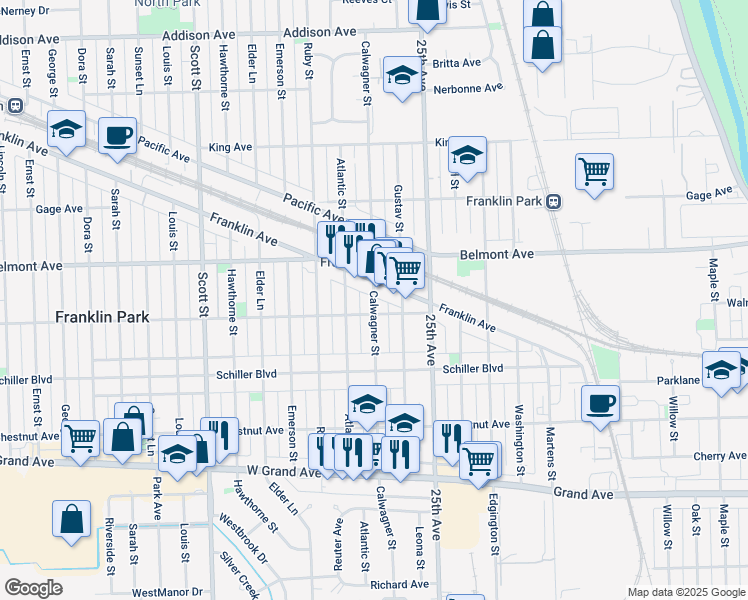 map of restaurants, bars, coffee shops, grocery stores, and more near 3115 Atlantic Street in Franklin Park