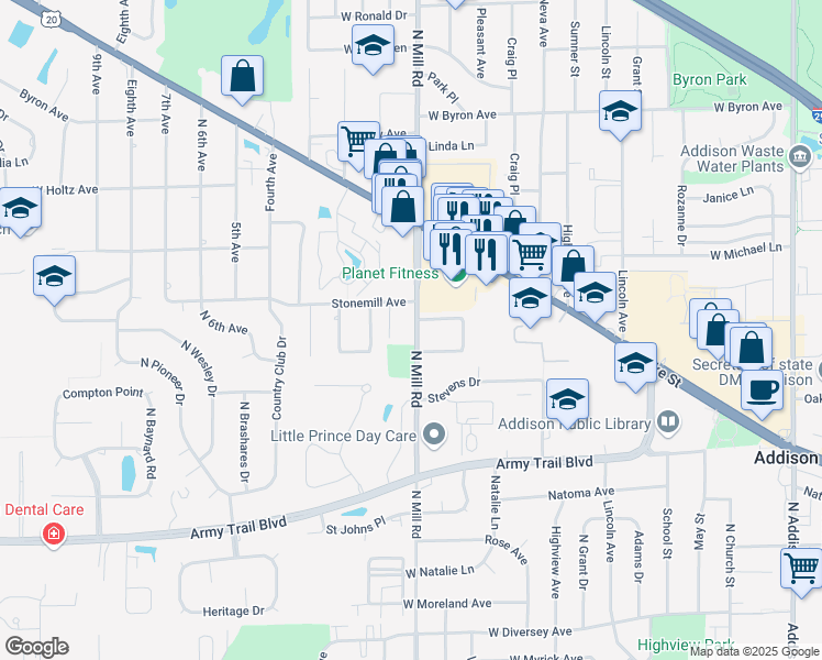 map of restaurants, bars, coffee shops, grocery stores, and more near 400-40 North Mill Road in Addison