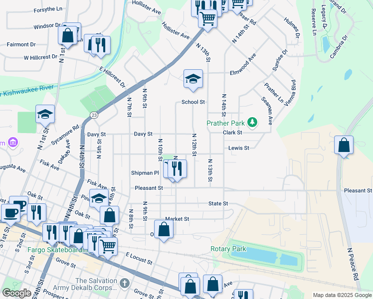 map of restaurants, bars, coffee shops, grocery stores, and more near 809 North 12th Street in DeKalb