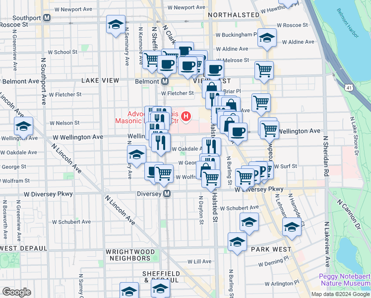 map of restaurants, bars, coffee shops, grocery stores, and more near West Oakdale Avenue & North Mildred Avenue in Chicago