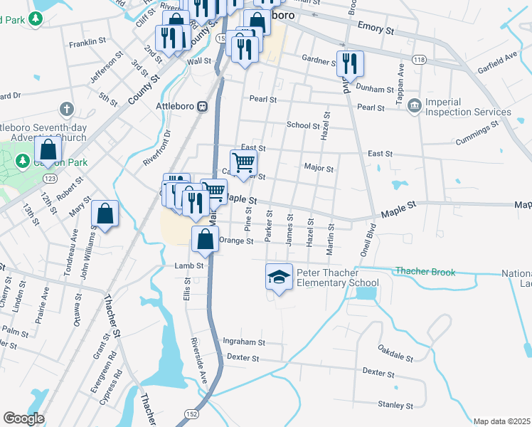 map of restaurants, bars, coffee shops, grocery stores, and more near 87 Parker Street in Attleboro