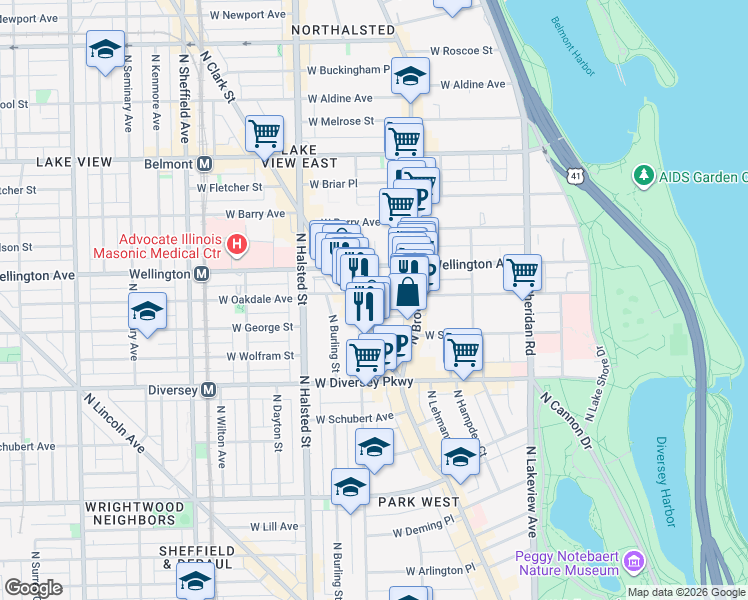 map of restaurants, bars, coffee shops, grocery stores, and more near 655 West Oakdale Avenue in Chicago
