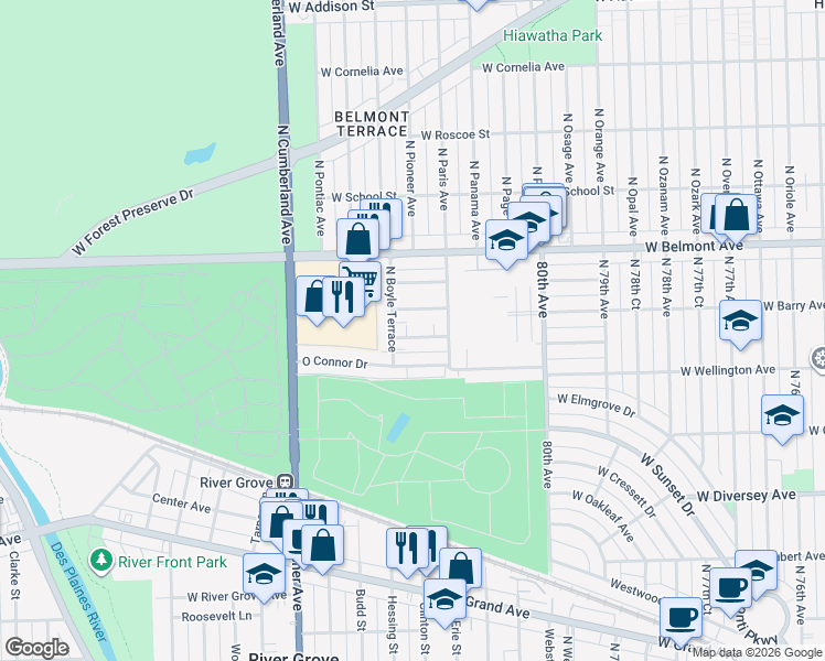 map of restaurants, bars, coffee shops, grocery stores, and more near 8204 West Walsh Lane in River Grove