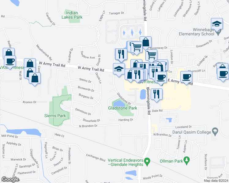 map of restaurants, bars, coffee shops, grocery stores, and more near 127 Garland Court in Glendale Heights