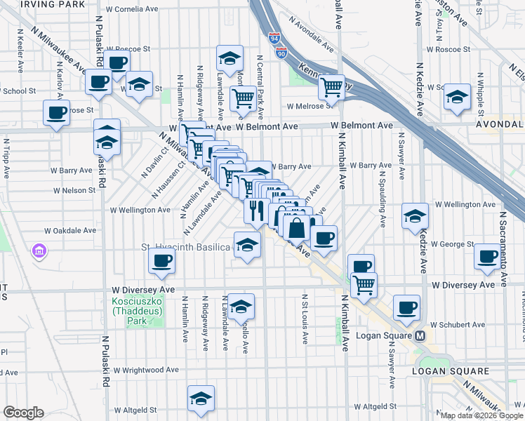 map of restaurants, bars, coffee shops, grocery stores, and more near 3001 North Central Park Avenue in Chicago