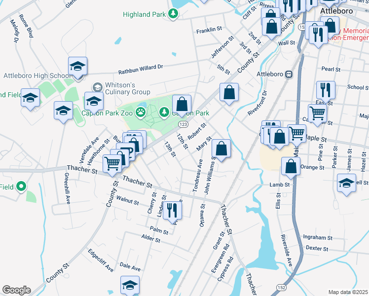 map of restaurants, bars, coffee shops, grocery stores, and more near 23 12th Street in Attleboro
