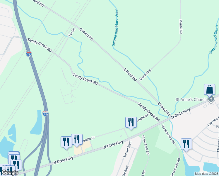 map of restaurants, bars, coffee shops, grocery stores, and more near 2139 Sandy Creek Road in Monroe