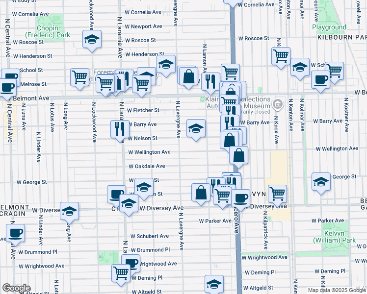 map of restaurants, bars, coffee shops, grocery stores, and more near 4858 West Wellington Avenue in Chicago