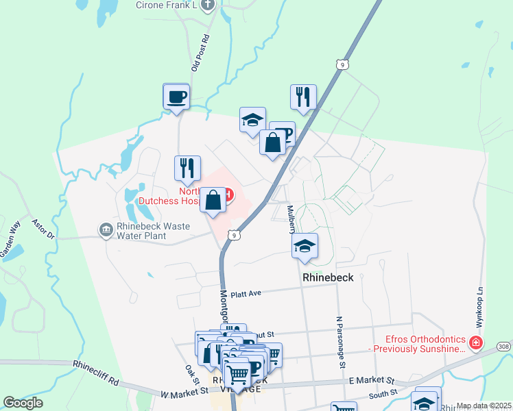 map of restaurants, bars, coffee shops, grocery stores, and more near 6533 Spring Brook Avenue in Rhinebeck