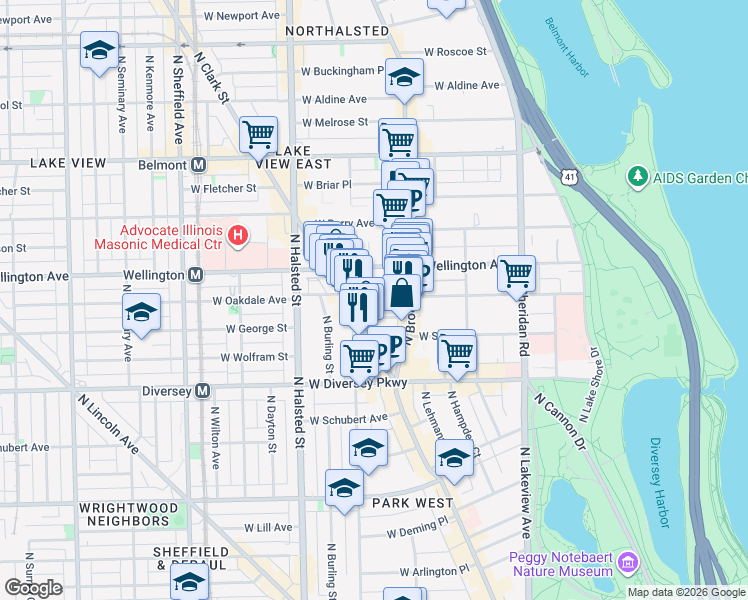 map of restaurants, bars, coffee shops, grocery stores, and more near 639 West Oakdale Avenue in Chicago