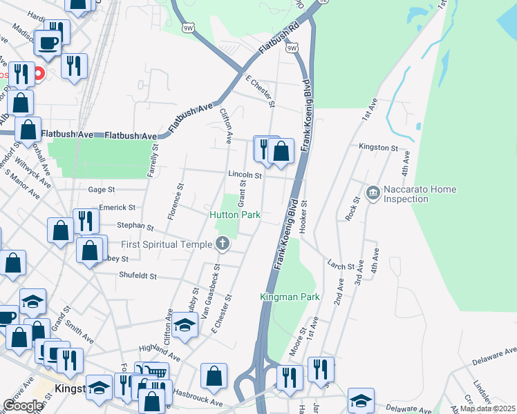 map of restaurants, bars, coffee shops, grocery stores, and more near 301 East Chester Street in Kingston