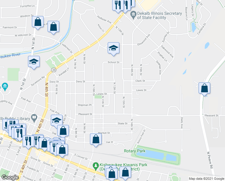 map of restaurants, bars, coffee shops, grocery stores, and more near 809 North 12th Street in DeKalb
