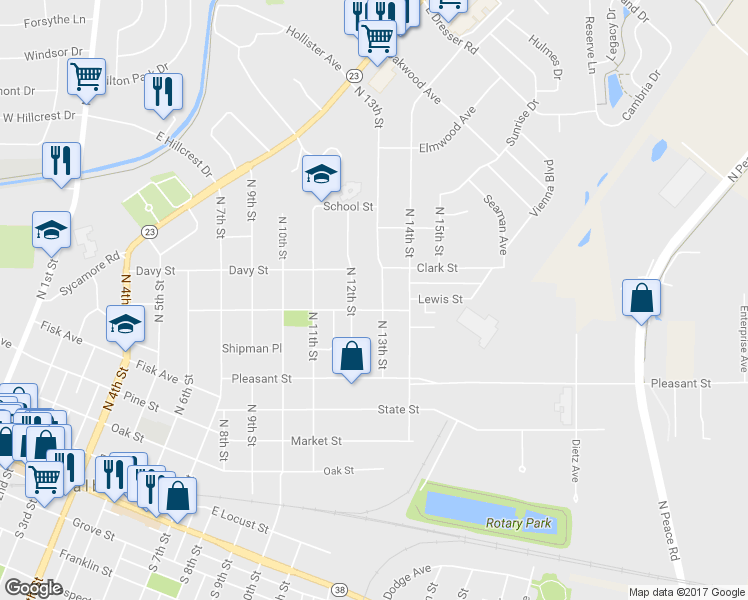 map of restaurants, bars, coffee shops, grocery stores, and more near 809 North 13th Street in DeKalb