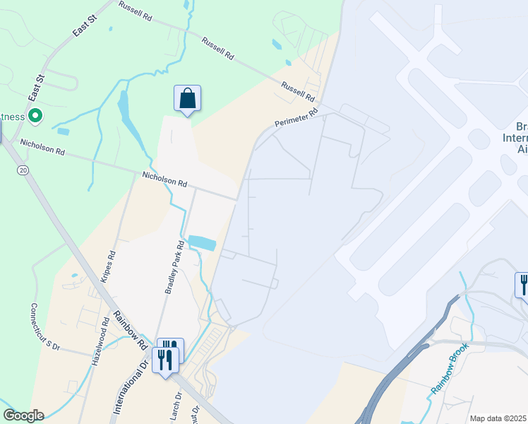 map of restaurants, bars, coffee shops, grocery stores, and more near 100 Nicholson Road in East Granby