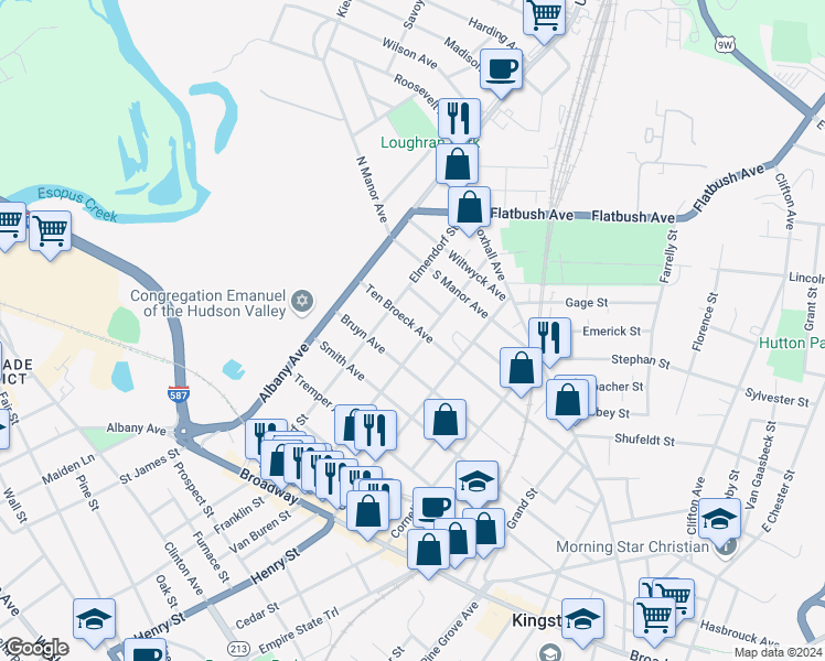 map of restaurants, bars, coffee shops, grocery stores, and more near 175 Ten Broeck Avenue in Kingston