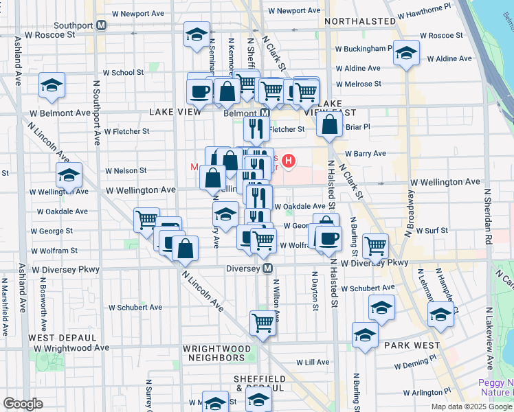 map of restaurants, bars, coffee shops, grocery stores, and more near 2933 North Sheffield Avenue in Chicago