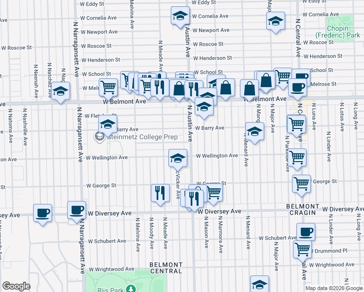 map of restaurants, bars, coffee shops, grocery stores, and more near 6019 West Nelson Street in Chicago