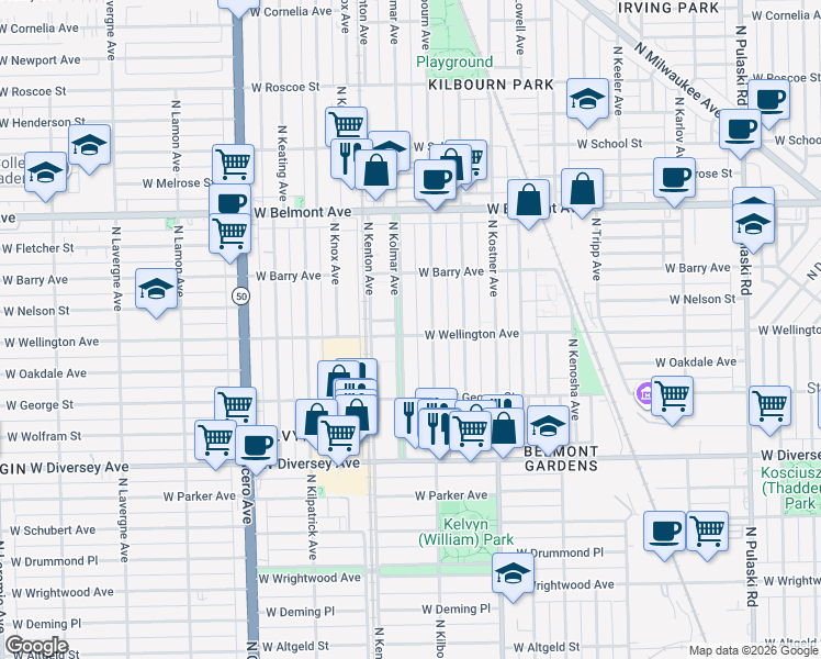 map of restaurants, bars, coffee shops, grocery stores, and more near 4514 West Wellington Avenue in Chicago