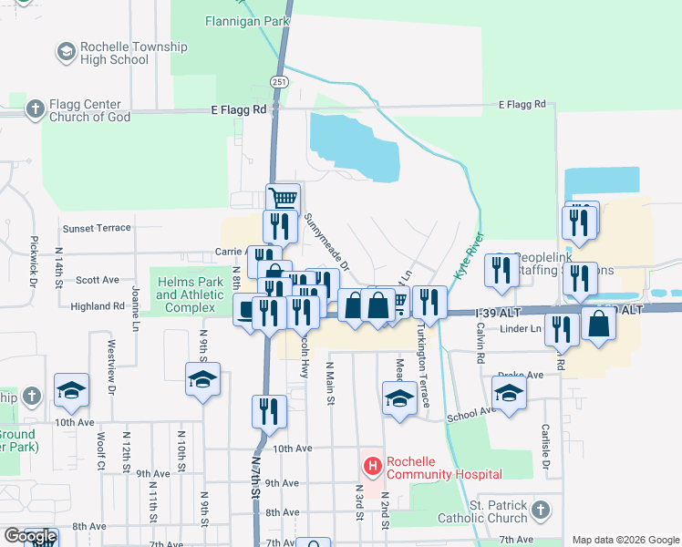 map of restaurants, bars, coffee shops, grocery stores, and more near 1234 Sunnymeade Drive in Rochelle