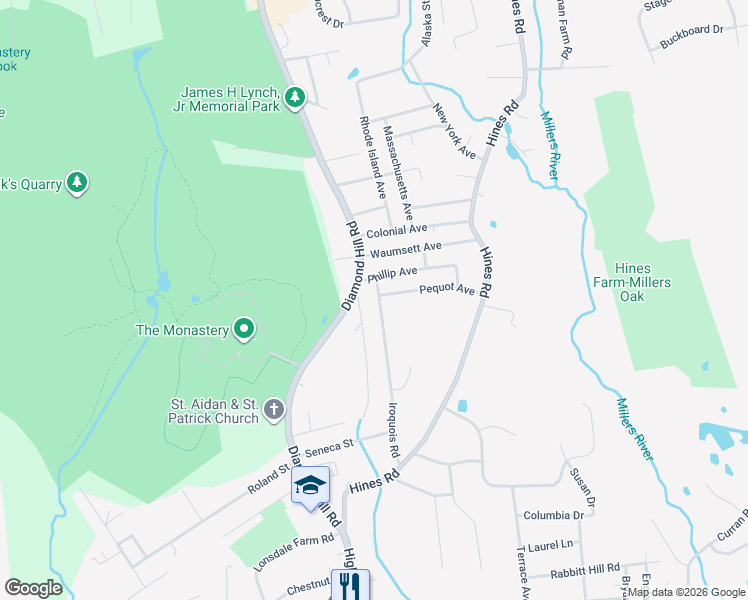map of restaurants, bars, coffee shops, grocery stores, and more near 210 Iroquois Road in Cumberland
