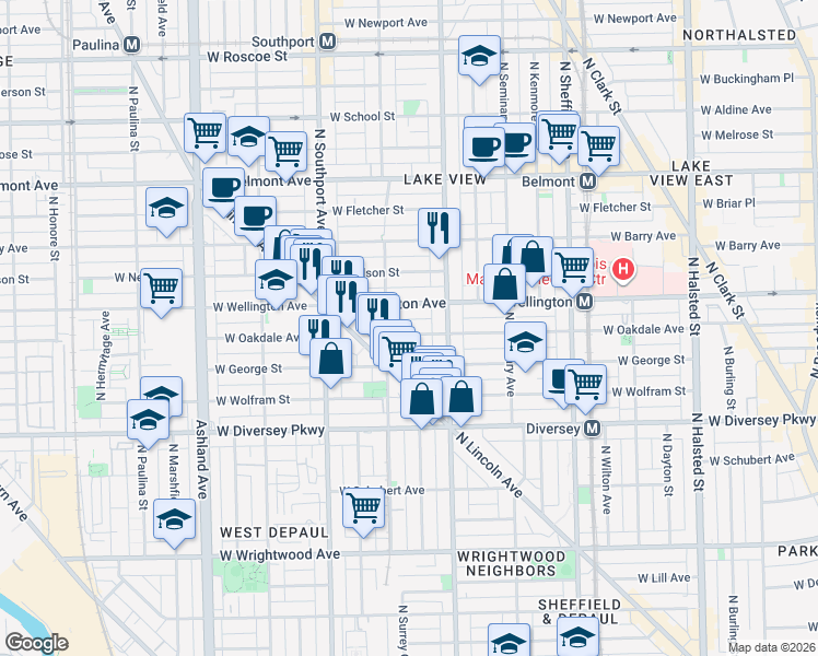 map of restaurants, bars, coffee shops, grocery stores, and more near 1228 West Oakdale Avenue in Chicago