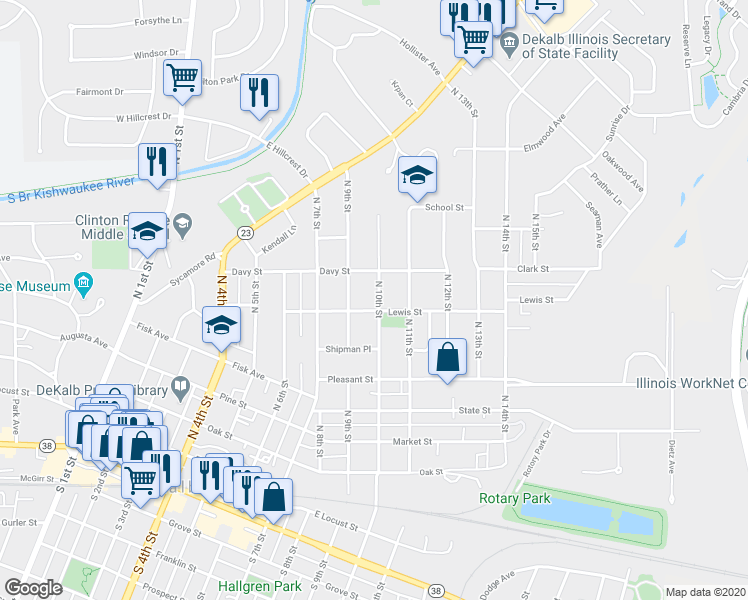 map of restaurants, bars, coffee shops, grocery stores, and more near 713 North 10th Street in DeKalb