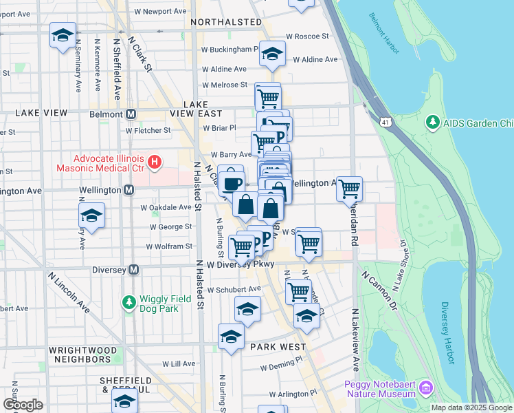 map of restaurants, bars, coffee shops, grocery stores, and more near 619 West Oakdale Avenue in Chicago