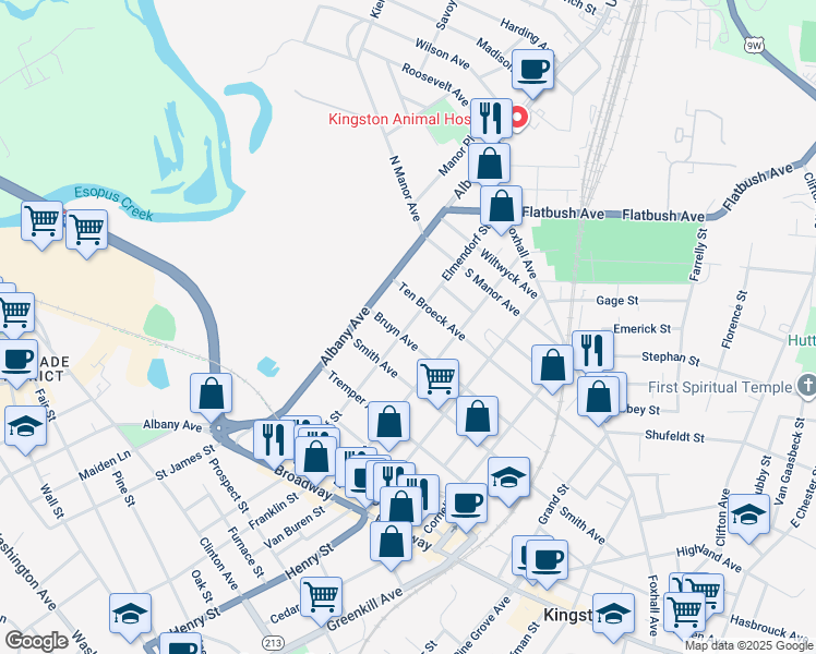 map of restaurants, bars, coffee shops, grocery stores, and more near 144 Elmendorf Street in Kingston