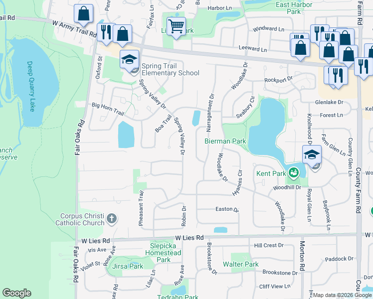 map of restaurants, bars, coffee shops, grocery stores, and more near 1225 Spring Valley Drive in Carol Stream