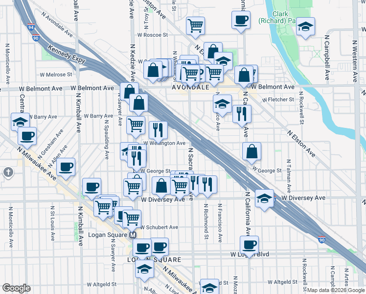 map of restaurants, bars, coffee shops, grocery stores, and more near 3021 West Wellington Avenue in Chicago
