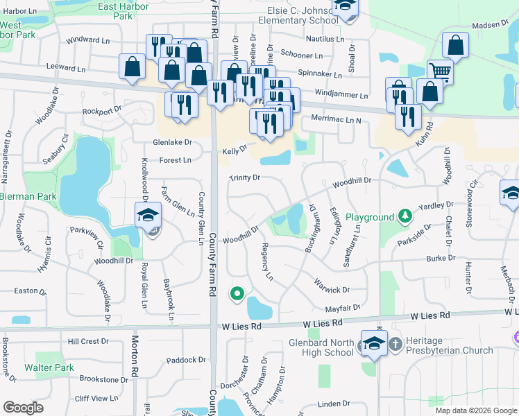 map of restaurants, bars, coffee shops, grocery stores, and more near 780 Trinity Court in Carol Stream