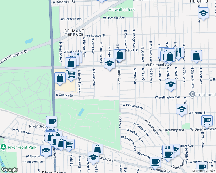 map of restaurants, bars, coffee shops, grocery stores, and more near 3000 80th Avenue in River Grove
